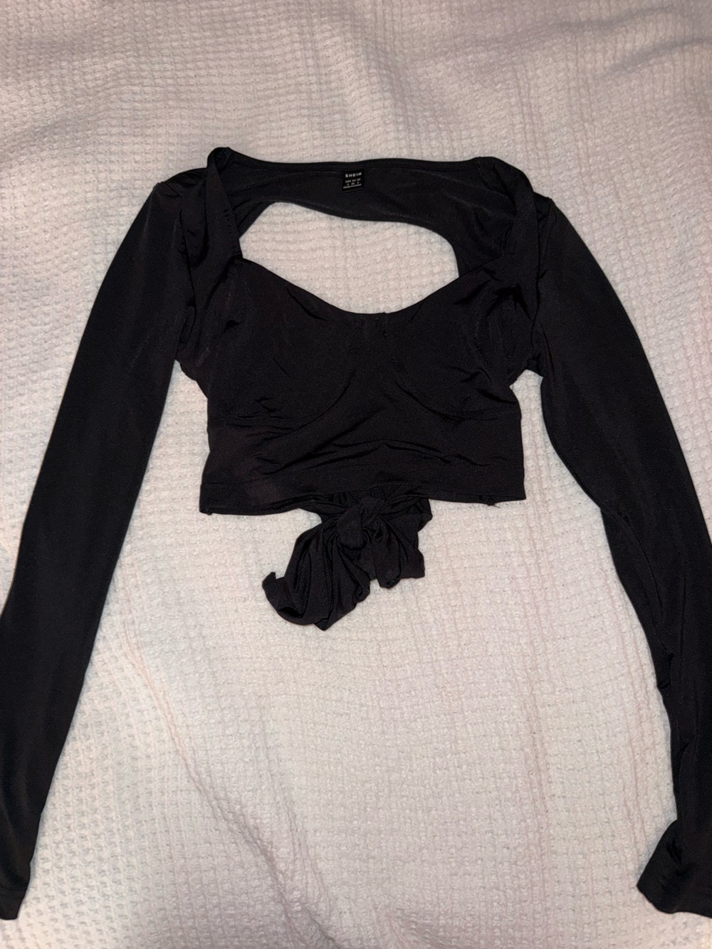 SHEIN Black Long-Sleeve Cutout Wrap Crop Top